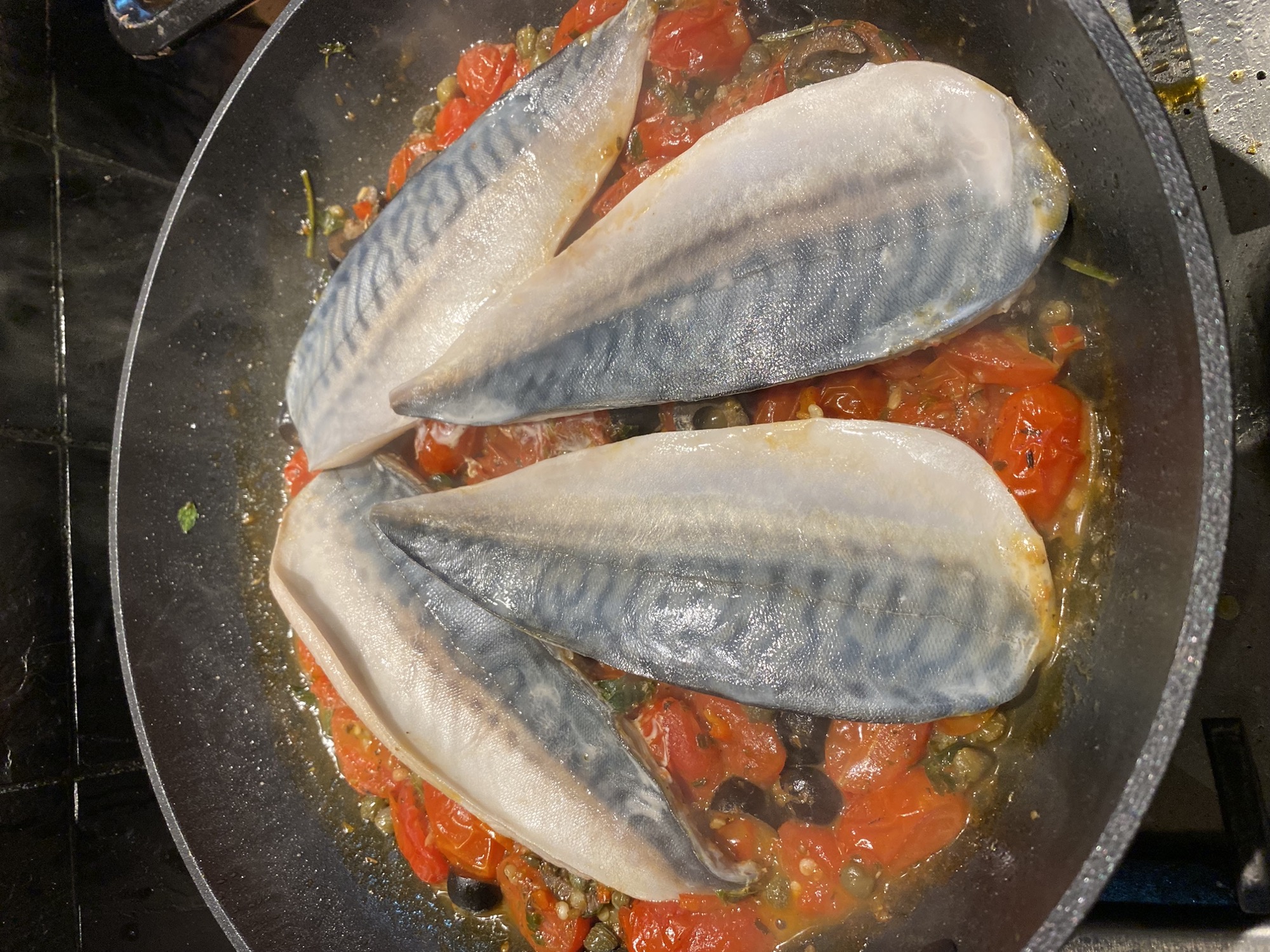 Mackerel with Tomatoes, Olives & Capers