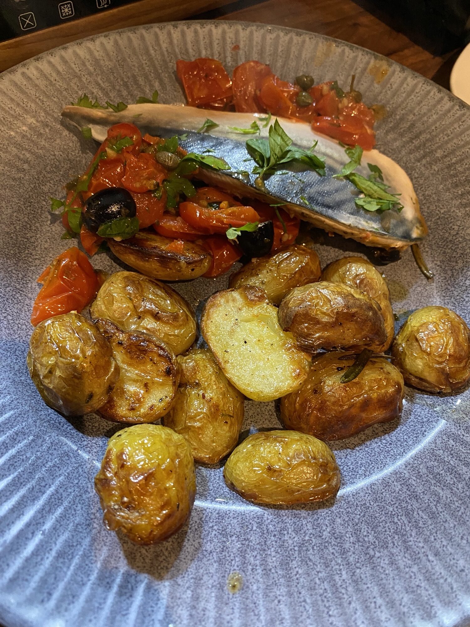 Mackerel with Tomatoes, Olives & Capers