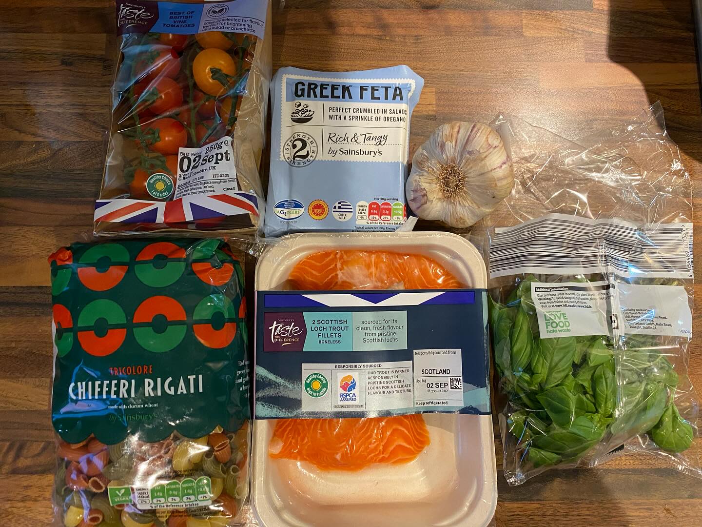 Extra Garlicky Tomato, Feta & Trout Pasta