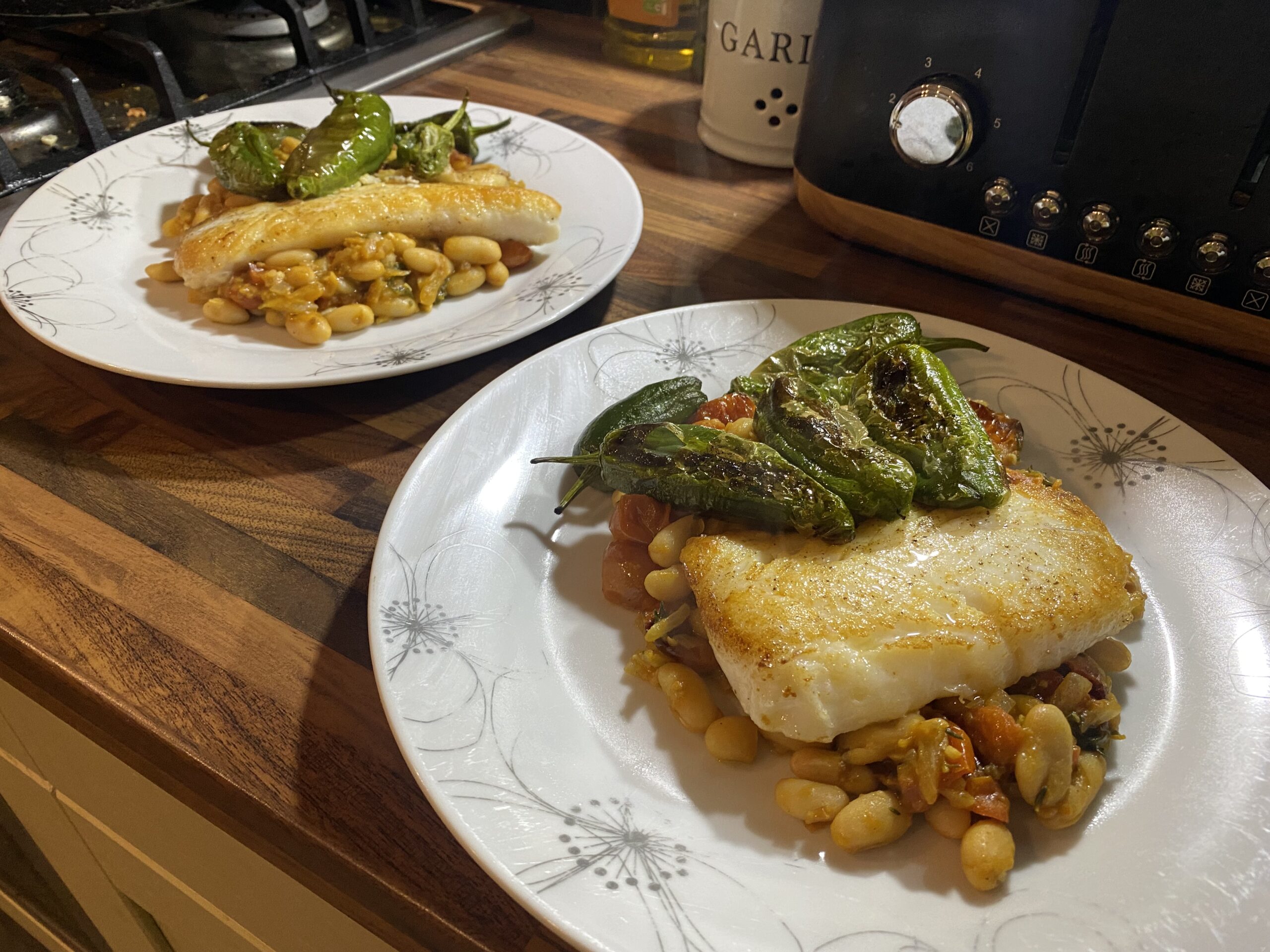 Pan-Seared Fish with White Beans & Padron Peppers