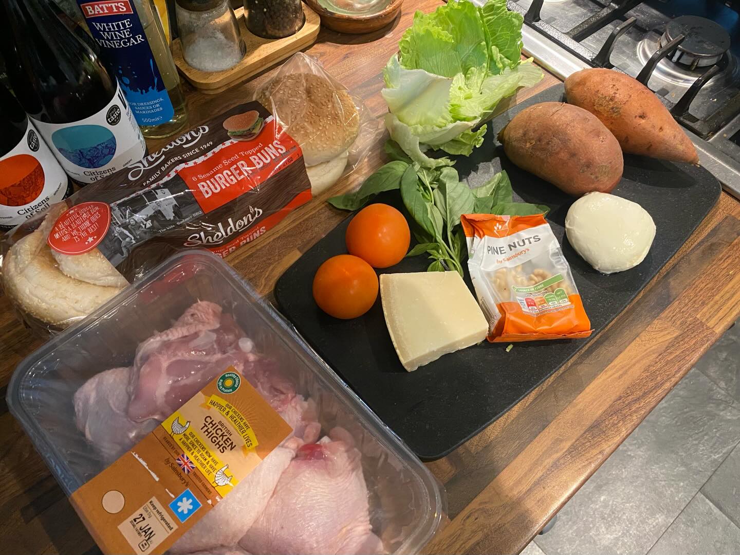 Jamie's Caprese Chicken Burgers with Sweet Potato Fries